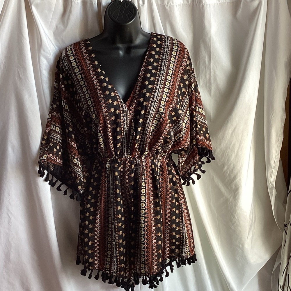 Pink Lily Black and Brown Patterned Romper